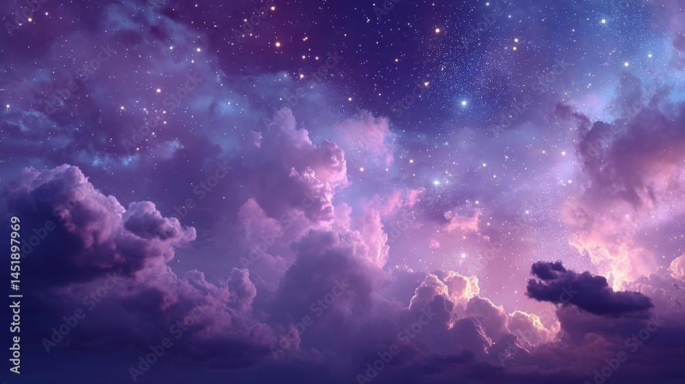 Abstract Purple Night Sky with Glowing Clouds and Stars