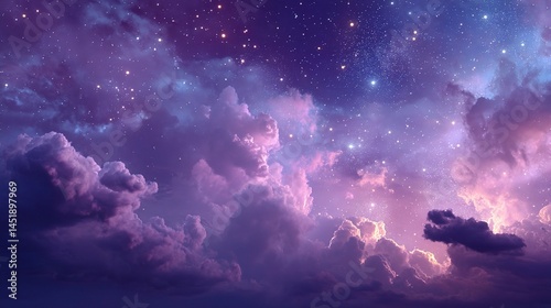 Obraz na płótnie Abstract Purple Night Sky with Glowing Clouds and Stars w salonie