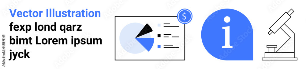 Pie chart with financial data, information symbol, and microscope representing analytics, education, research, business, finance, information and science. Ideal for infographics or simple landing Pie chart with financial data, information symbol, and microscope representing analytics, education, research, business, finance, information and science. Ideal for infographics or simple landing