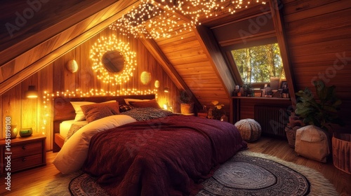 Cozy attic bedroom with fairy lights, slanted wooden ceiling, and bohemian decor, warm ambient lighting 