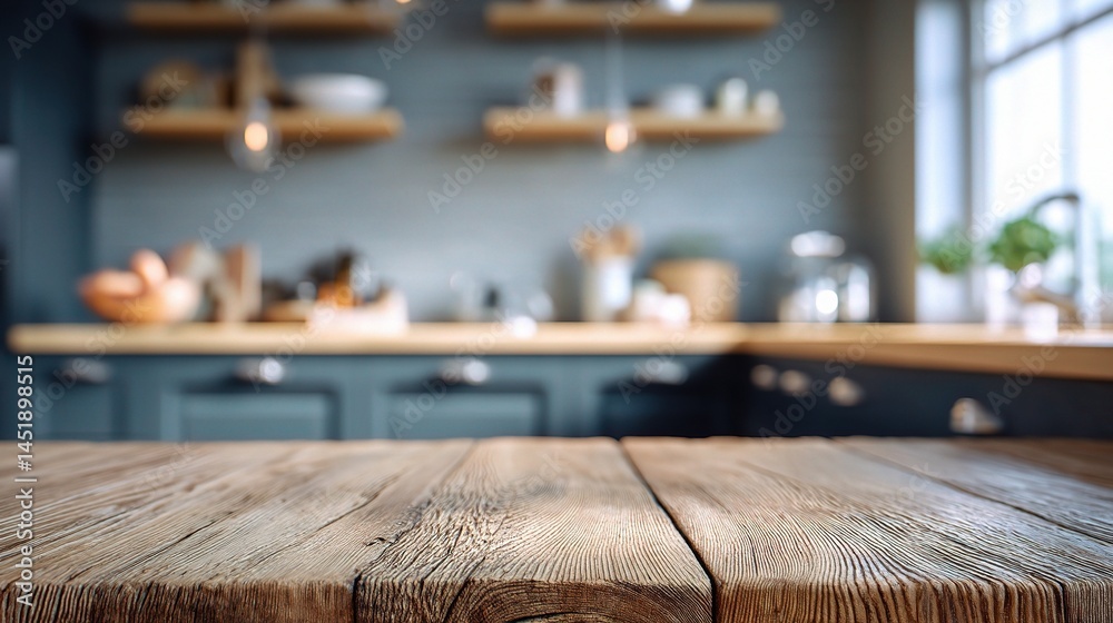 Natural Wood Table in Soft Focus with Kitchen Background