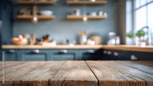 Obraz na płótnie Natural Wood Table in Soft Focus with Kitchen Background w salonie