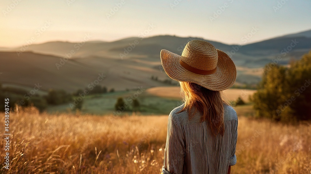 Woman Standing in Meadow Enjoying Scenic Countryside View