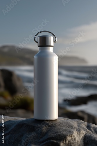 3D mockup of reusable water bottle on a rock with ocean in background, clean label space