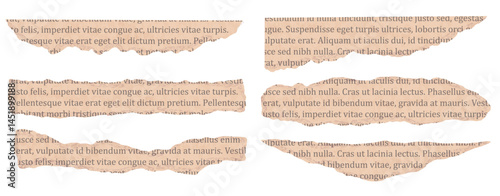 Set of ripped newspaper or book piece with old text in beige color. Torn paper for collage in realistic style