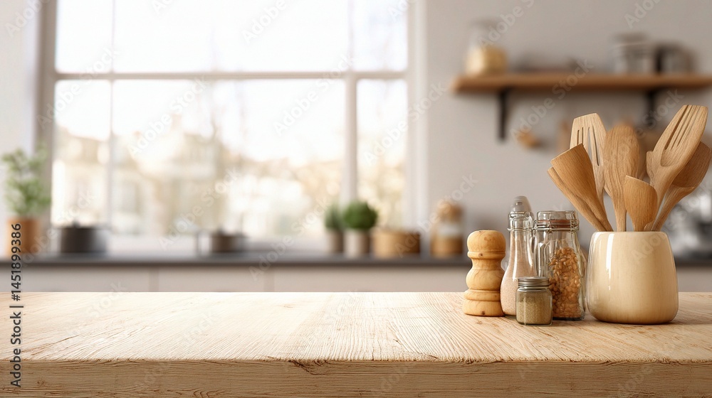 Bright Morning Light on Natural Wood Tabletop with Kitchen Utensils