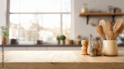Obraz na płótnie Bright Morning Light on Natural Wood Tabletop with Kitchen Utensils w salonie