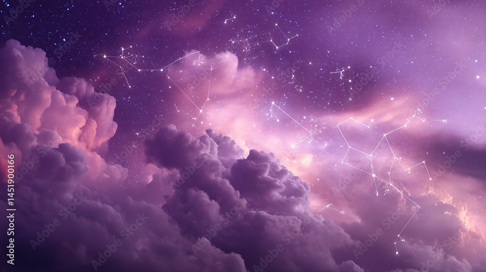 Abstract Purple Night Sky with Glowing Clouds and Stars