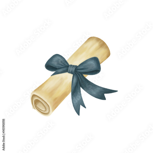 Old scroll paper with ribbon illustration. Graduation element for banner design. Rolled parchment design aesthetic antique. Drawing realistic illustration