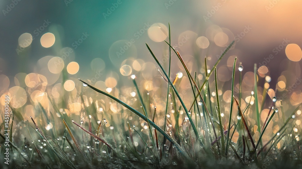 Morning Dew on Grass Blades with Beautiful Bokeh Light Effects
