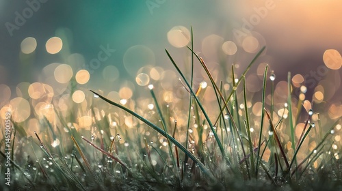 Obraz na płótnie Morning Dew on Grass Blades with Beautiful Bokeh Light Effects w salonie