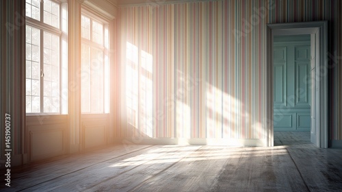 Obraz na płótnie Bright Vintage Room with Striped Wallpaper and Natural Light w salonie