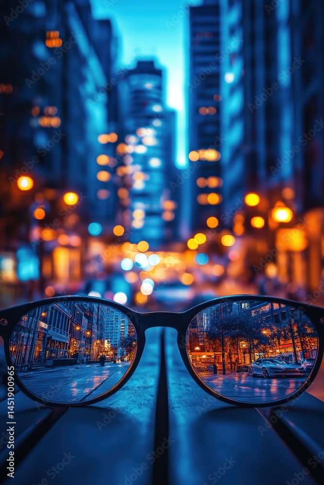 Artistic cityscape through glasses with vibrant night lights and reflections