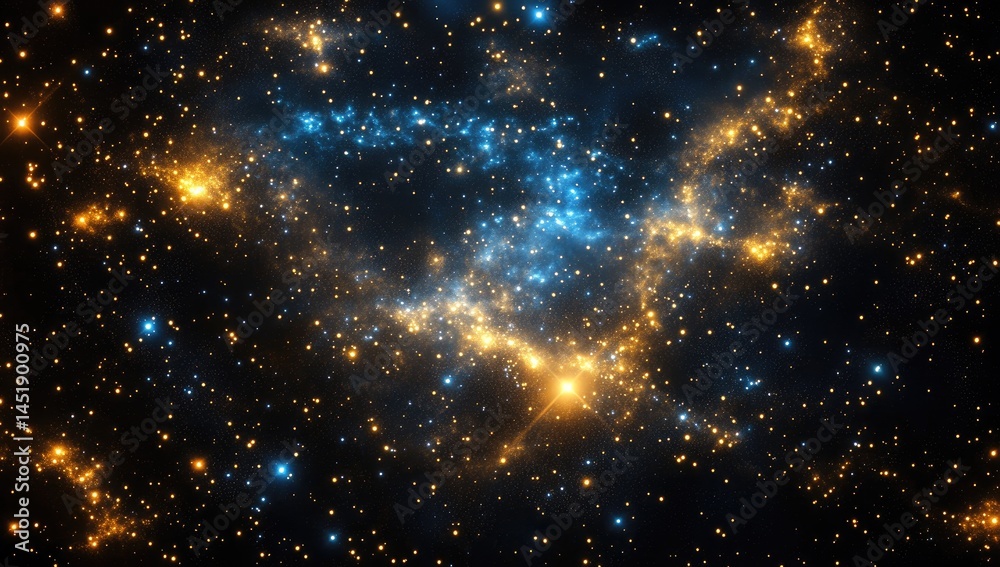 Fototapeta premium Abstract background with golden and blue glowing lines, stars, night sky, dark space, light speed effect, curved shapes,