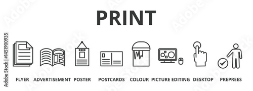 Print banner vector illustration concept with flyer, advertisement, brochure, poster, postcards, color, picture editing, desktop, and prepress