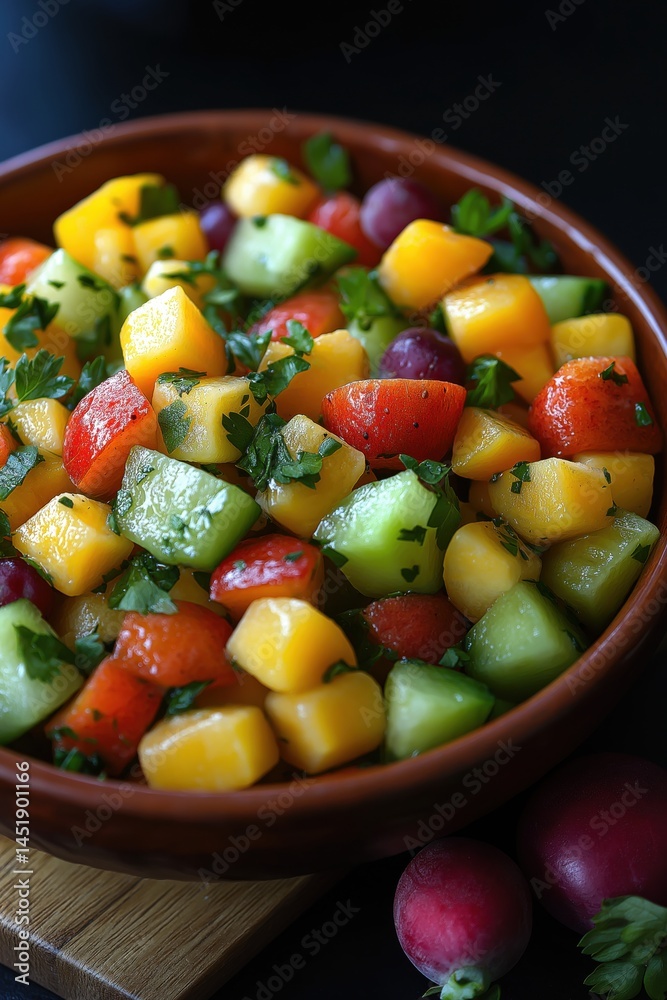 Fresh colorful fruit salad in a clay bowl garnished with herbs