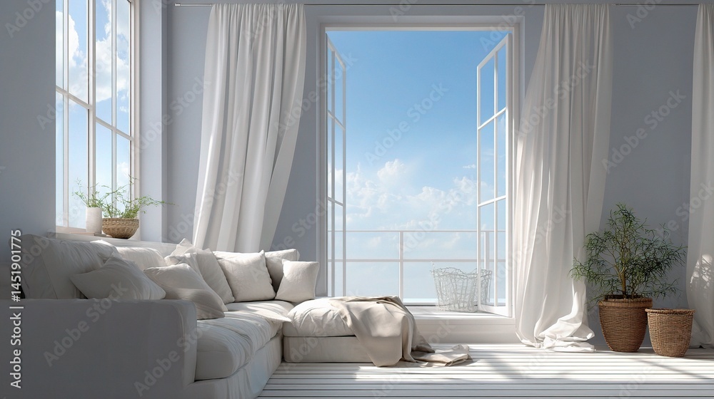 Bright and Airy Interior Living Room with Open Windows and Cozy Decor