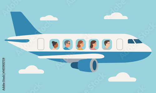 An illustration of an airplane in flight with passengers sitting by the windows. Simple flat vector graphic representing air travel, tourism, and transportation.