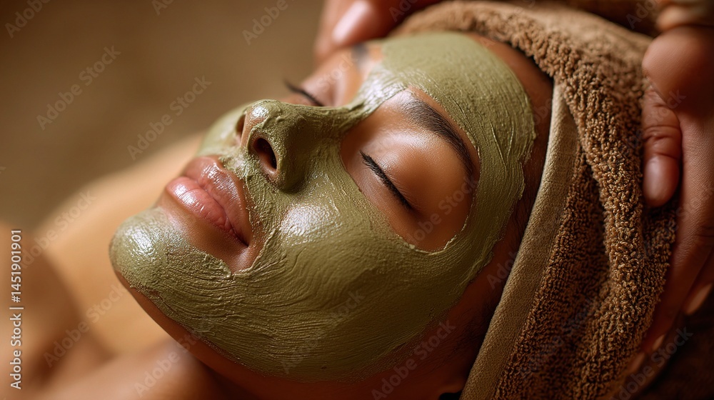 Close-Up Portrait of a Woman Receiving a Green Facial Treatment