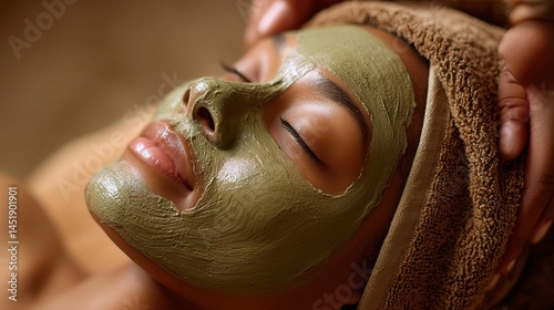 Obraz na płótnie Close-Up Portrait of a Woman Receiving a Green Facial Treatment w salonie