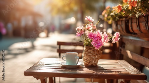 Obraz na płótnie Cozy Outdoor Cafe Scene with Coffee and Flowers in Soft Light w salonie