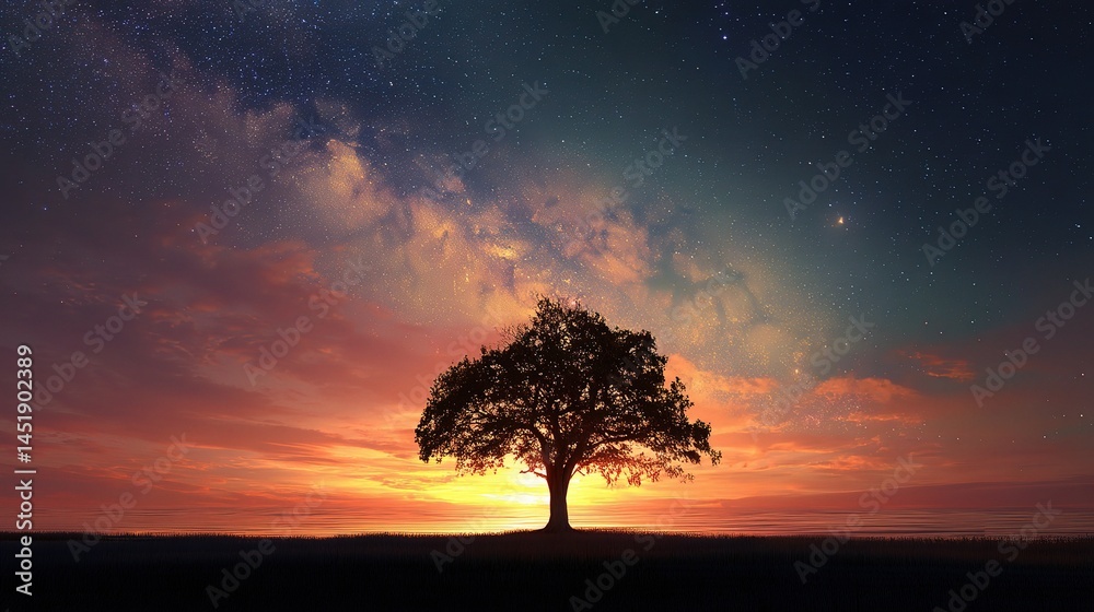 Majestic Tree Standing at the Line Between Sunset and Night Sky