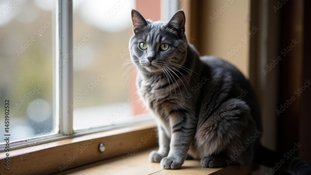 portrait of a gray British cat on a windowsill, postcard with a cat for a holiday portrait of a gray British cat on a windowsill, postcard with a cat for a holiday