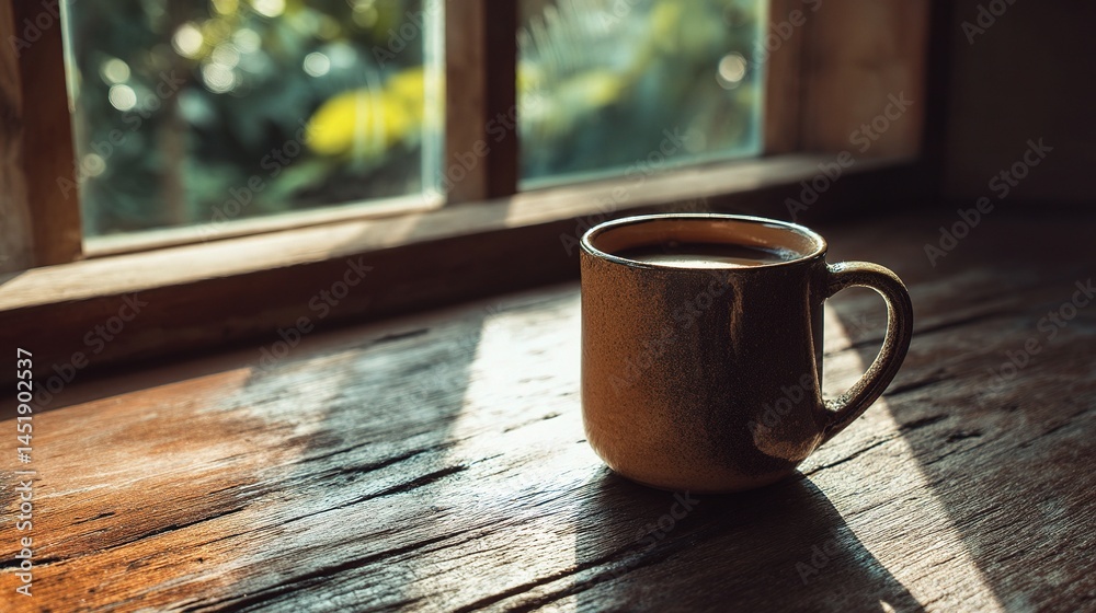 High Angle View of Hot Coffee Mug on Rustic Wooden Table