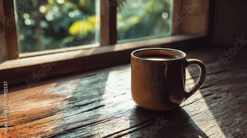 Obraz na płótnie High Angle View of Hot Coffee Mug on Rustic Wooden Table w salonie