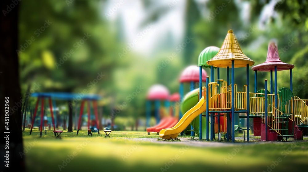 Colorful Playground in a Blurred Summer Park Background