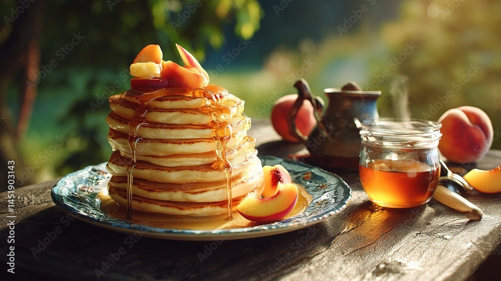 Stack of Golden Pancakes with Maple Syrup and Fresh Peaches