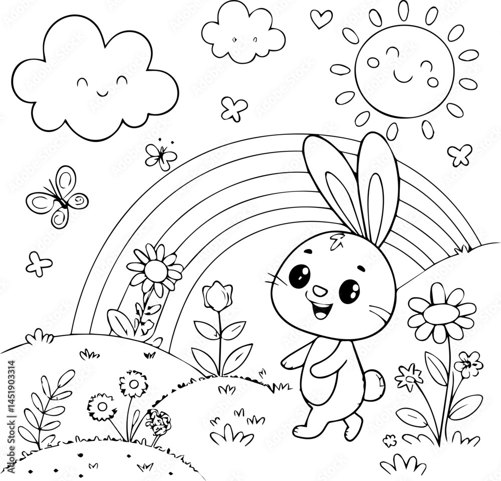 Fototapeta premium bunny and rainbow coloring page, design with butterflies and flowers. ready to print on standard 8.5x11 inch paper