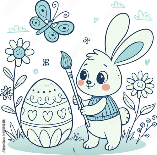 bunny painting easter egg and some flowers, coloring page ready to print on standard 8.5x11 inch paper