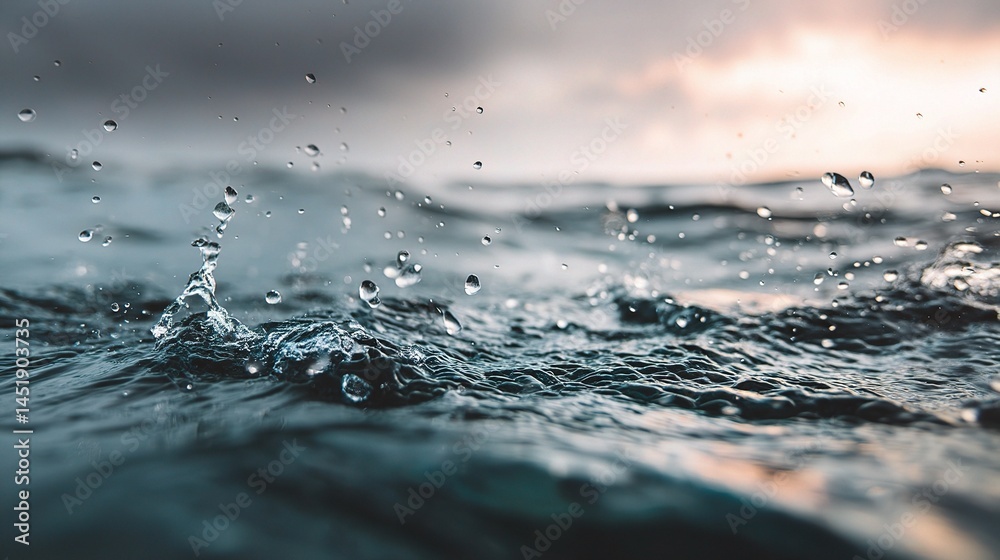 Abstract Close-Up of Raindrops on Ocean Surface at Dusk