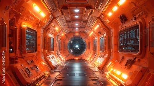 Fototapeta Naklejka Na Ścianę i Meble -  Futuristic spaceship corridor.  Orange glow illuminates the interior