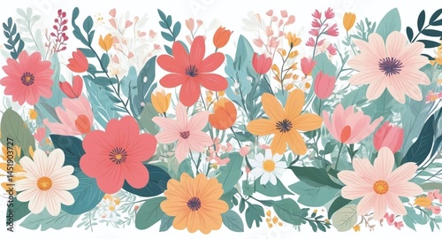 Wallpaper Mural Horizontal white banner or floral backdrop decorated with gorgeous multicolored blooming flowers and leaves border. Spring botanical flat vector illustration on white background Torontodigital.ca