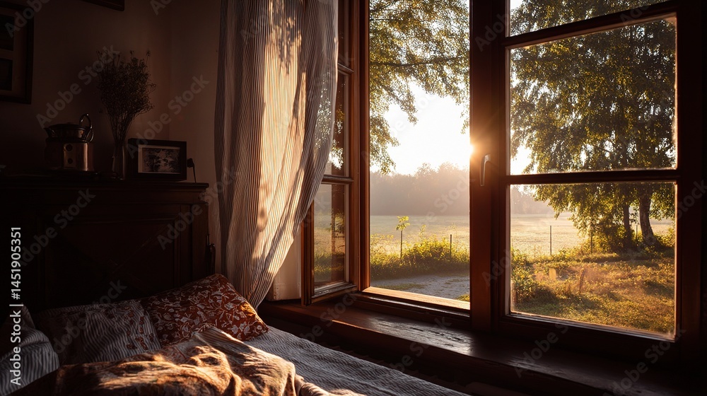 Serene Early Morning View from Bedroom in Countryside Setting