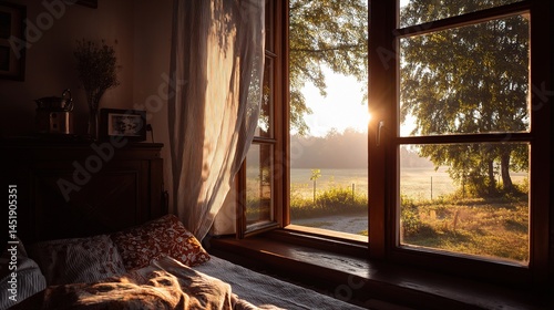 Obraz na płótnie Serene Early Morning View from Bedroom in Countryside Setting w salonie