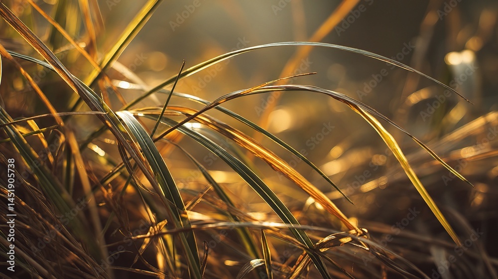 Glowing Grass Blades in Golden Morning Light Close Up Photography