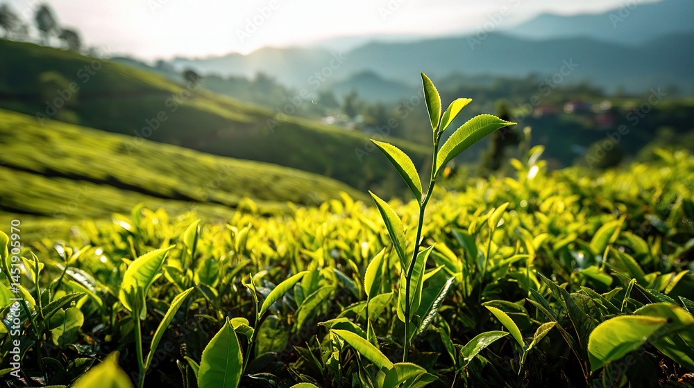 Lush Green Tea Plantation Landscape with Floating Mountains