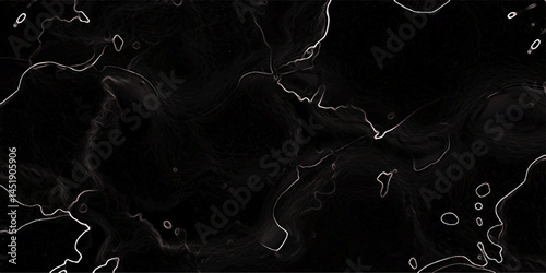 Abstract black marble texture with fine, organic, white and gray vein patterns. Surface  glossy, polished finish, showcasing smooth, fluid lines. Corner triangle art shape pattern, wall background.