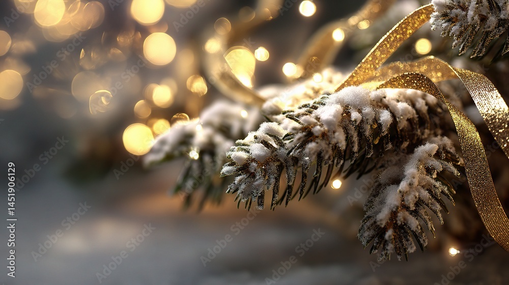 Elegant Christmas Tree Branches with Gold Ribbons and Snow Dusted