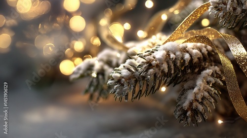 Obraz na płótnie Elegant Christmas Tree Branches with Gold Ribbons and Snow Dusted w salonie