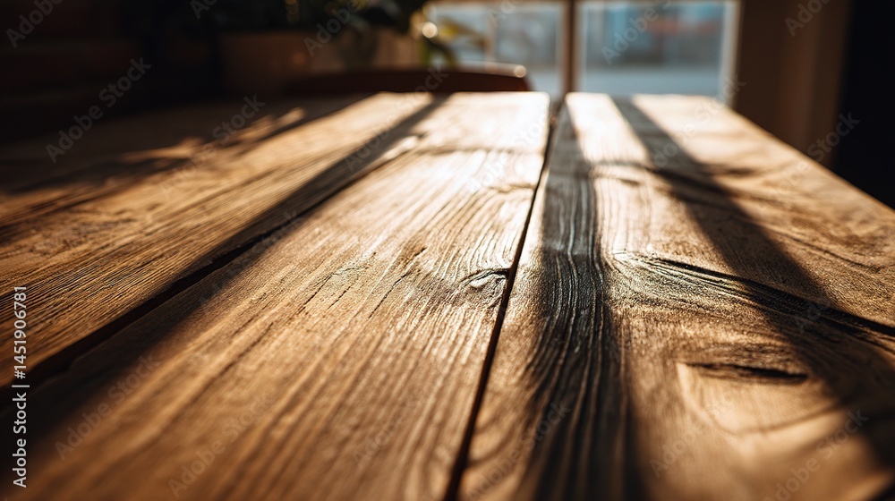 Sunlight Casting Shadowed Lines Across a Wooden Table Surface