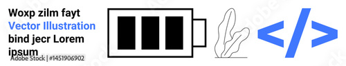 Battery icon with three bars, blue coding angle brackets, abstract leaf, and geometric design. Ideal for technology, energy, web development, programming, sustainability productivity simple landing