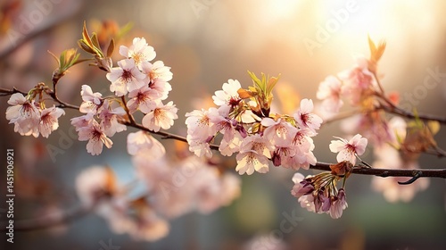 Soft Focus View of Blooming Cherry Trees in Golden Light