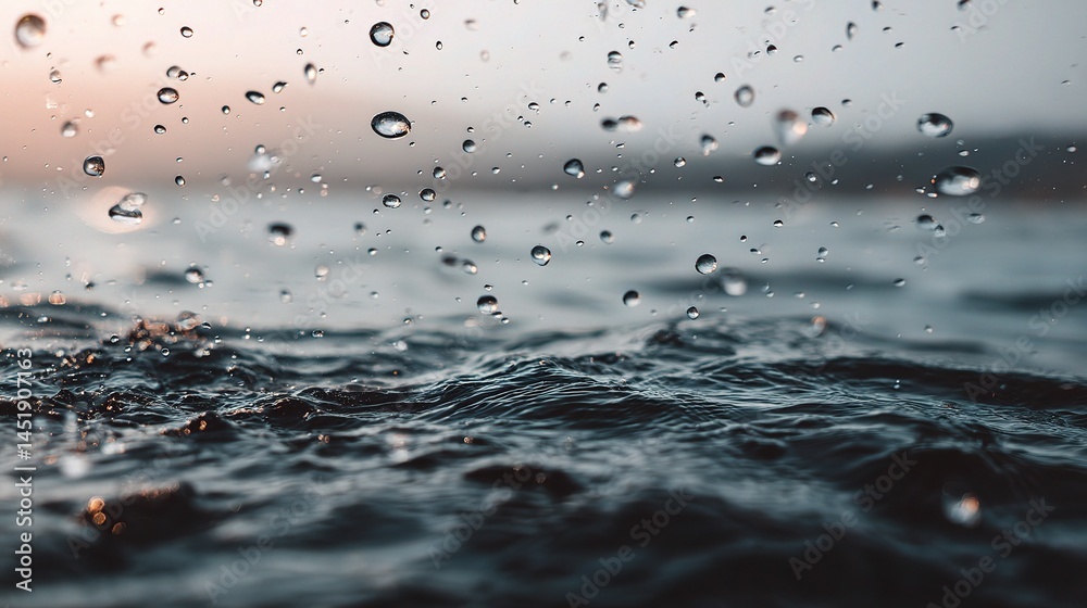 Raindrops Close Up on Ocean Surface with Soft Focus Background