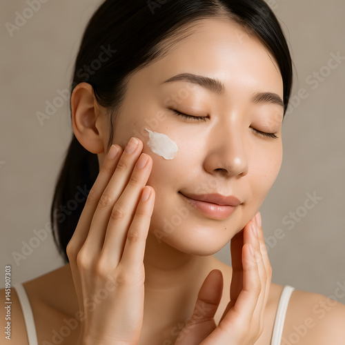 スキンケアを楽しむ女性のリラックスした表情 / Relaxed Woman Enjoying Skincare