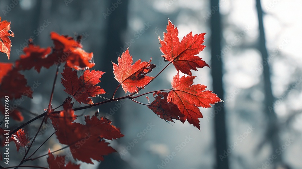 Glowing Red Maple Leaves Backlit by Soft Defocused Light