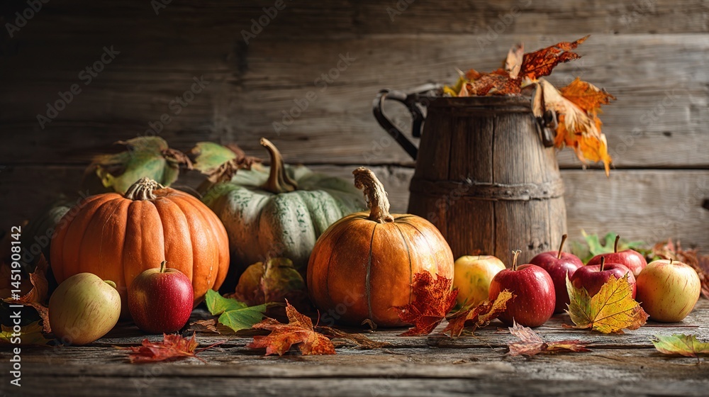 Rustic Autumn Still Life Featuring Pumpkins and Apples With Leaves